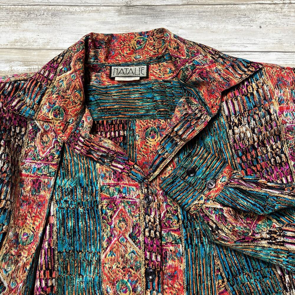 VTG Artsy Patchwork Multi-Print Blouse Sz Md Colorful Tie Front Button Down Top - Picture 12 of 13